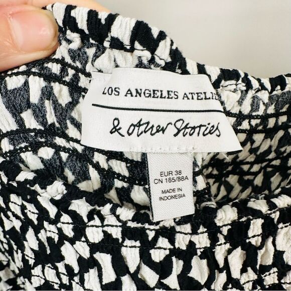& OTHER STORIES Printed Puff Sleeve Smock Top Black White Checkered French XS S - Picture 5 of 11